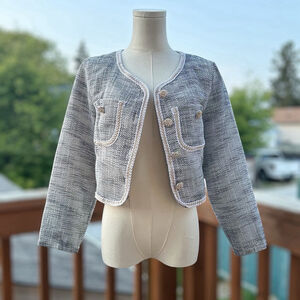 Hello Fashion Black White Tweed Jacket Blazer Floral Button Gold Trim Women Sz M